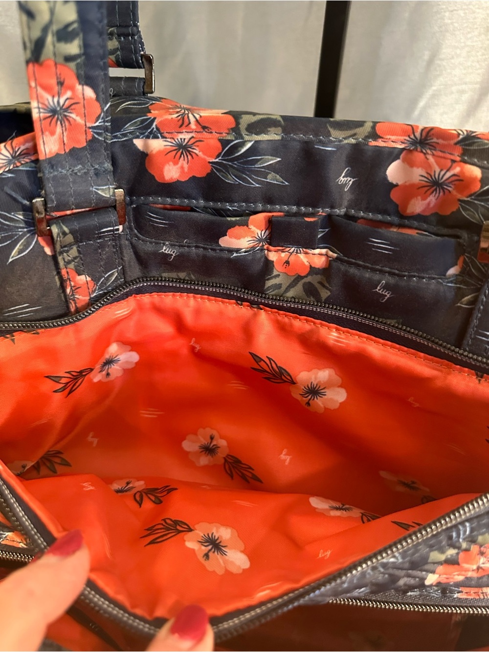 lug Quilted Floral Tote in Black with Orange Flowers - Picture 5 of 9